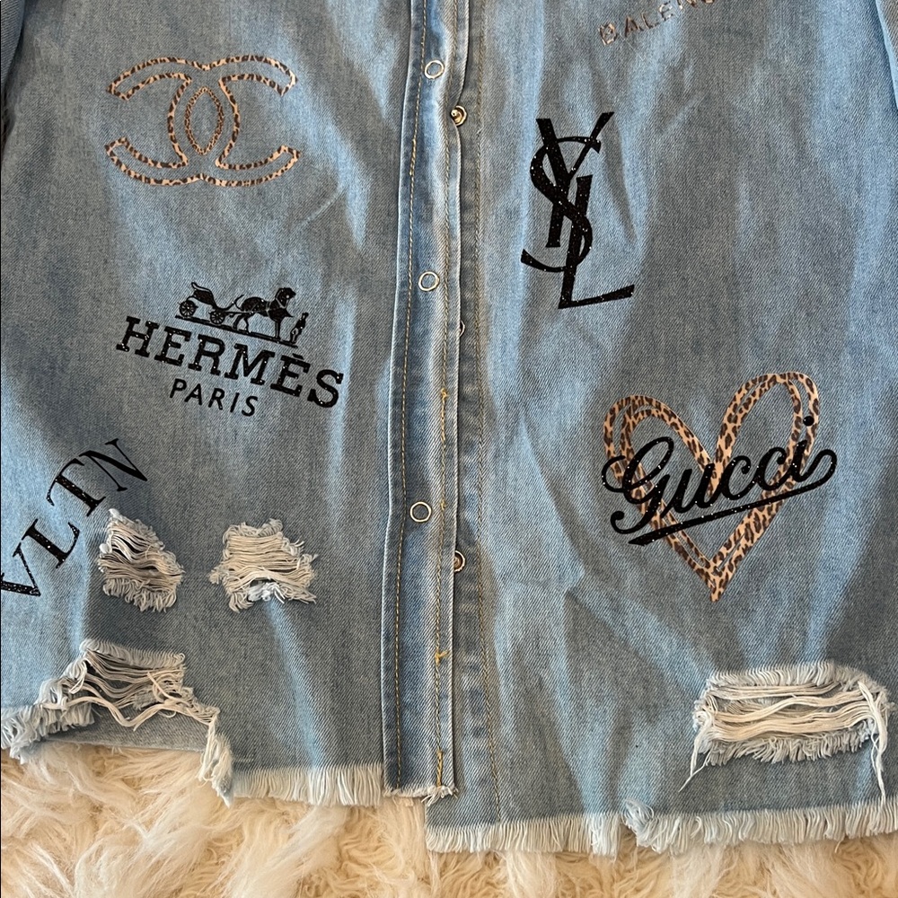 Dior Light Blue Distressed Denim Logo Patchwork Shirt Jacket - Picture 3 of 4